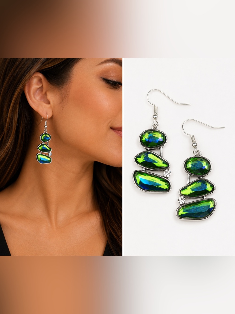 Green Iridescent Crystal Drop Earrings - Women Jewelry